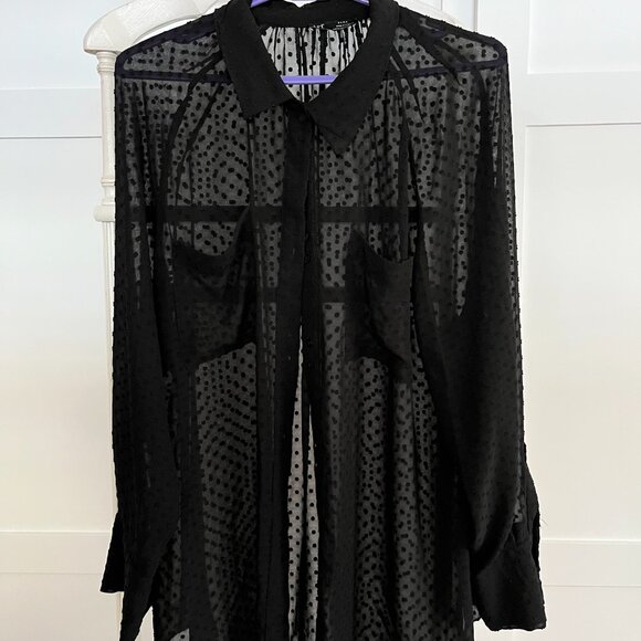 Zara Tops - EUC ZARA TRF collection black sheer polka dot long sleeve button cuff (XL)